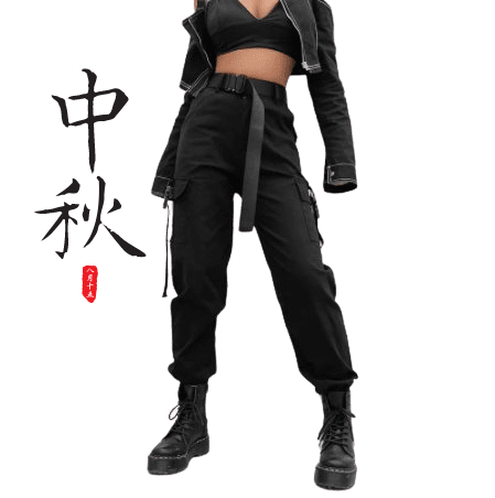 Japan Anime Inspired Women's Belted Tapered Pants (Black) - Moontasy